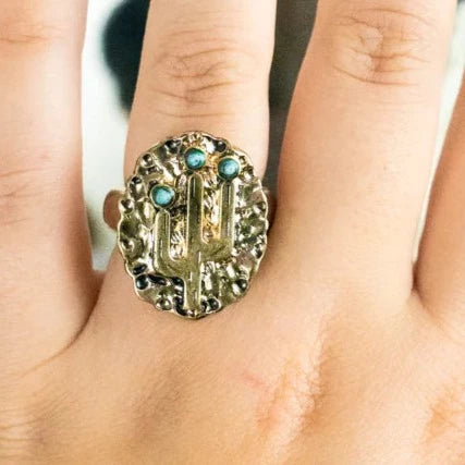 Worn Goldtone and Turquoise Cactus Ring