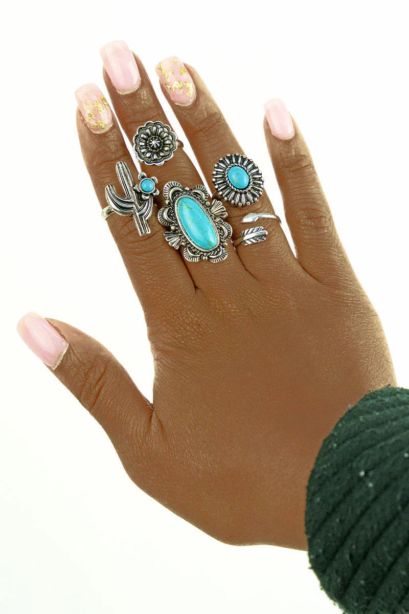 Turquoise Baca Silvertone Ring 5 Piece Set