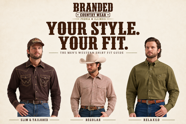 Branded Country Wear men's western shirt fit guide featuring slim, regular and relaxed styles in brown, paisley, patterned cream and olive. 