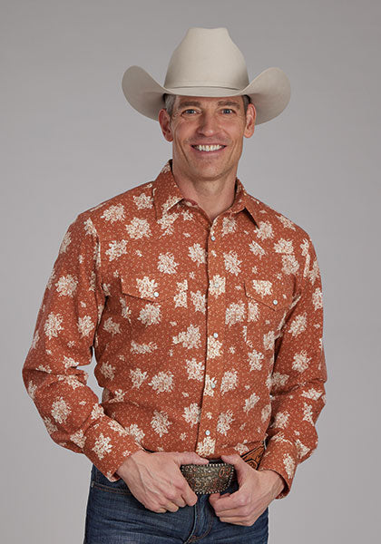 VTG Roper Suede Floral hand tooled look Western shops Snap Shirt Brown Large