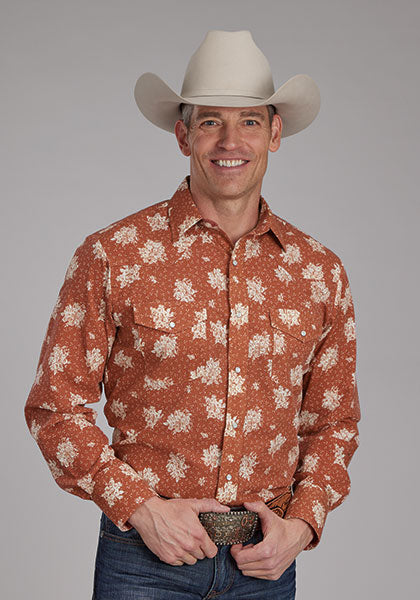 orange dress shirts for men Roper Men's Orange Cream Floral Western Shirt