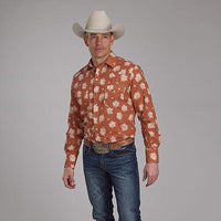 Roper Men's L/S Floral Print Western Snap Shirt in Orange & Cream