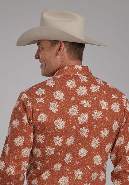 Roper Men's L/S Floral Print Western Snap Shirt in Orange & Cream