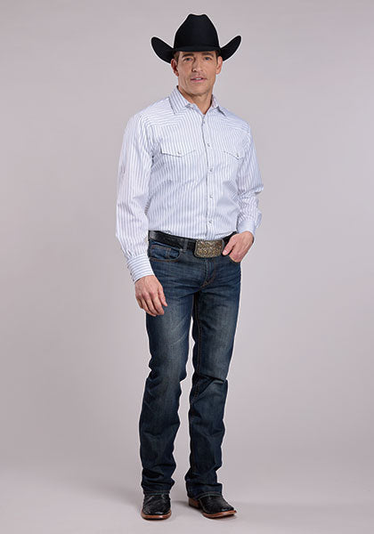 Roper Men's L/S Striped Western Snap Shirt in White
