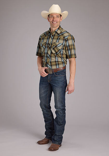 Roper Men's S/S Plaid Western Snap Shirt in Tan