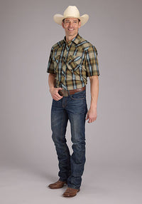 Roper Men's S/S Plaid Western Snap Shirt in Tan