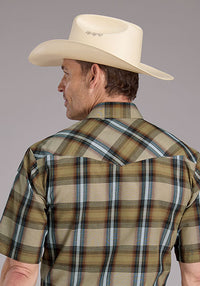 Roper Men's S/S Plaid Western Snap Shirt in Tan