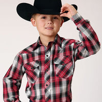 Roper Boy's Classic Long Sleeve Plaid Western Snap Shirt In Red/Black/Grey