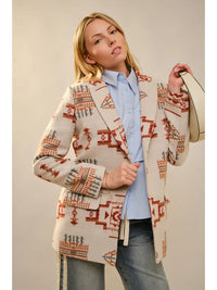 Women's Aztec Pattern Jewel Button Blazer in Taupe