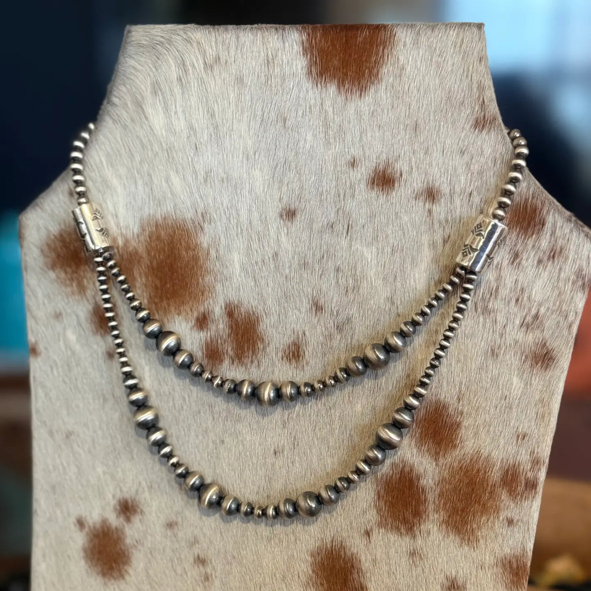 Double Strand Sterling Silver Pearl Necklace with Barrel Beads