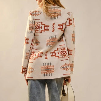 Women's Aztec Pattern Jewel Button Blazer in Taupe
