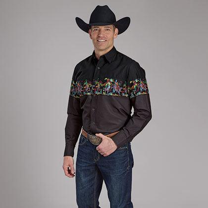 Roper Vintage Men's L/S Scribble Bullriders Border Print Western Snap Shirt in Black