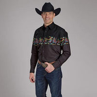 Roper Vintage Men's L/S Scribble Bullriders Border Print Western Snap Shirt in Black