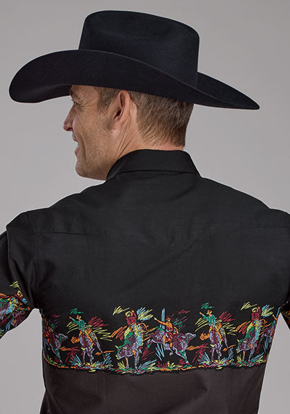 Roper Vintage Men's L/S Scribble Bullriders Border Print Western Snap Shirt in Black