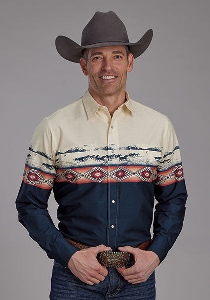 Roper Vintage Men's L/S Open Range Western Snap Shirt in Blue & Cream