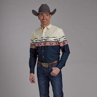 Roper Vintage Men's L/S Open Range Western Snap Shirt in Blue & Cream