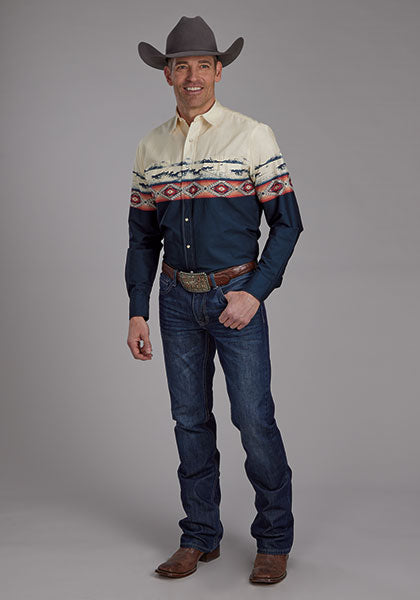 Roper Vintage Men's L/S Open Range Western Snap Shirt in Blue & Cream