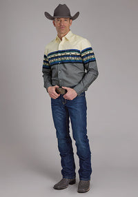 Roper Vintage Men's L/S Retro Diamond Border Western Snap Shirt in Blue & Cream