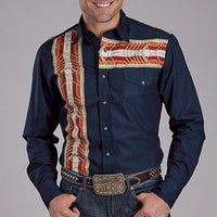 Roper Vintage Men's L/S Aztec Border Western Snap Shirt in Blue