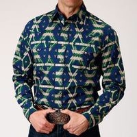 Roper Men's Navy Aztec Print Pearl Snap Long Sleeve Shirt