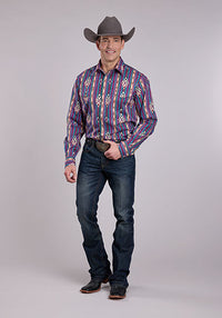 Roper Vintage Men's L/S Vintage Striped Western Snap Shirt in Purple