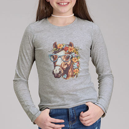 Roper Girl's L/S Flower Horse Tee in Heather Grey