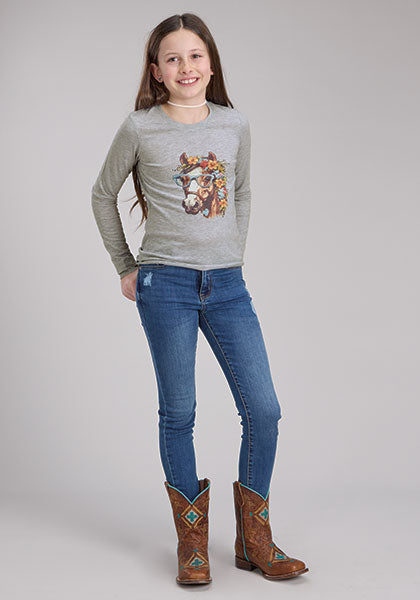 Roper Girl's L/S Flower Horse Tee in Heather Grey