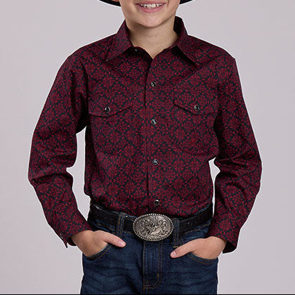 Roper Boy's Amarillo Medallion Print Western Snap Shirt in Garnet