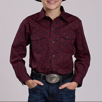 Roper Boy's Amarillo Medallion Print Western Snap Shirt in Garnet