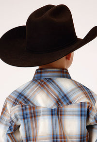 Roper Boy's Amarillo Desert Plaid Snap Shirt In Denim Blue