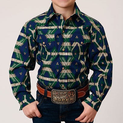 Roper Boy's Navy Aztec Stripe Snap Shirt