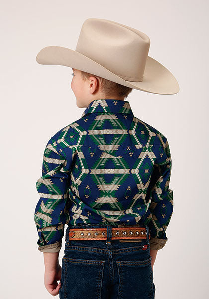 Roper Boy's Navy Aztec Stripe Snap Shirt
