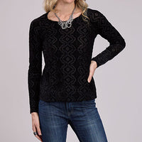 Roper Women's L/S Mesh Velour Burnout Top in Black