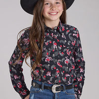 Roper Girl's L/S Bronc Riders Western Snap Shirt in Black