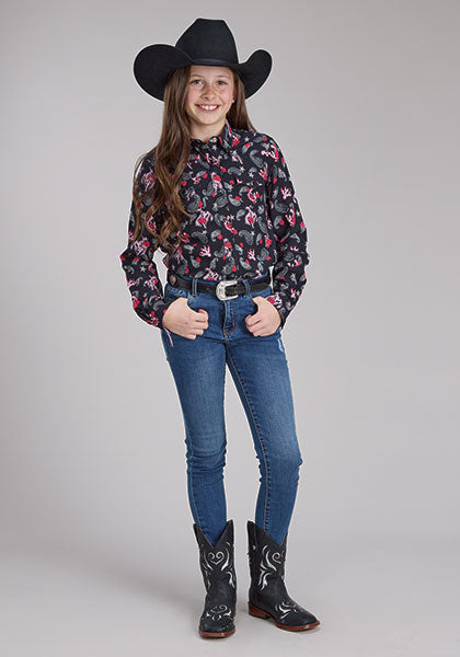 Roper Girl's L/S Bronc Riders Western Snap Shirt in Black