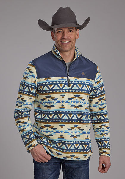 Roper Men's Aztec 1/4 Zip Micro Fleece Pullover in Navy & Cream