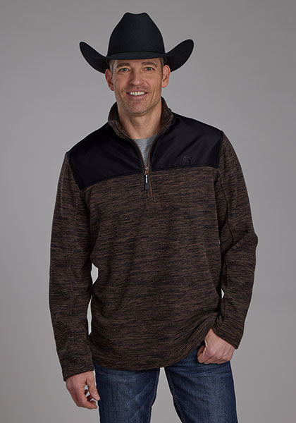 Roper Men's 1/4 Zip Micro Fleece Pullover in Black & Heather Brown