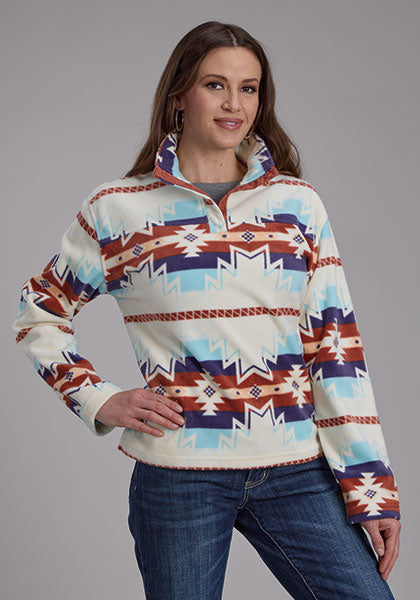 Roper Women's Aztec Quarter Snap Fleece Pullover in Cream (Available in Plus Sizes)