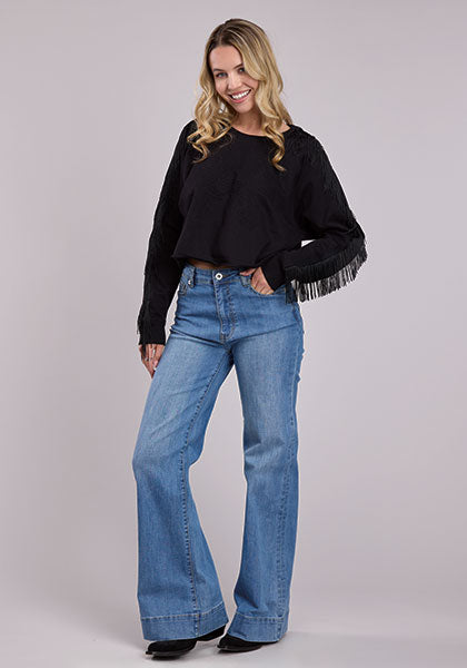 Roper Women's Boot Stitch Embroidered Fringe Sweatshirt in Black