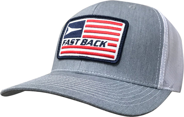 Fast Back Men's American Flag Logo Patch Trucker Cap in Grey/White