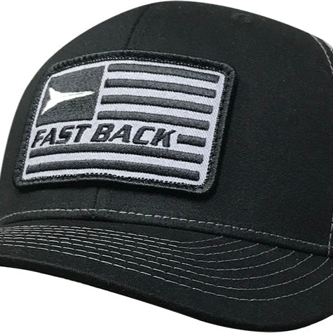 Fast Back Men's Embroidered Flag Logo Patch Trucker Cap in Black/Charcoal