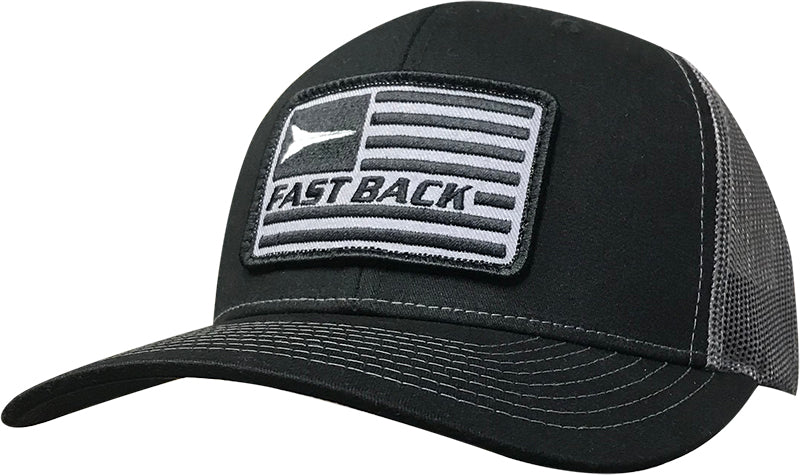 Fast Back Men's Embroidered Flag Logo Patch Trucker Cap in Black/Charcoal