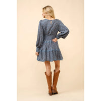 Women's Rayon Jacquard Lace Trimmed Mini Dress in Dusty Blue