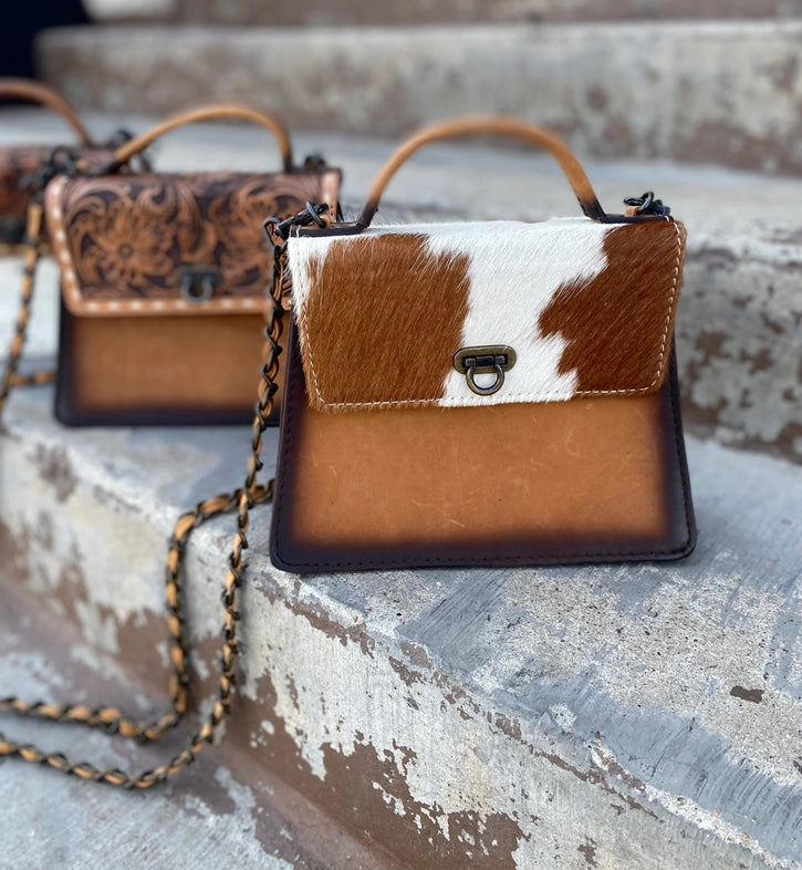 Burned Leather & Cowhide Crossbody Bag