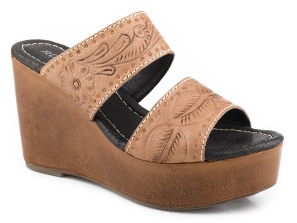 Roper Women's Diva II Tooled Wedge Sandal in Tan