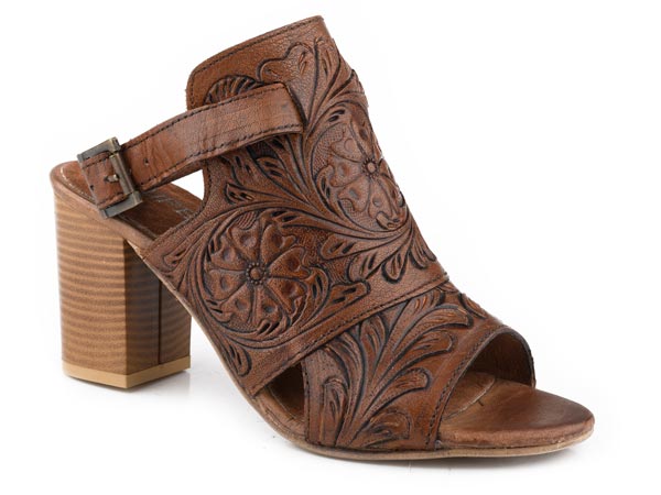 Roper Women's Mika Backstrap Tooled Sandal in Tan