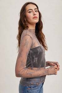 Women's L/S Sheer Floral Lace Mesh Top (Available in 3 Color Options)