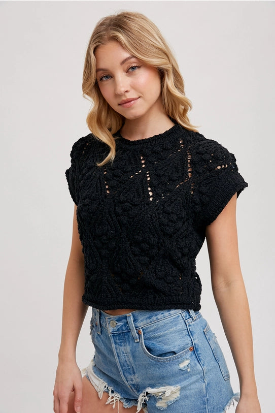 Women's S/S Cropped Crochet Knit Sweater in Black