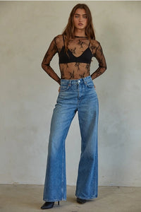 Women's L/S Sheer Floral Lace Mock Neck Mesh Top (Available in 4 Colors)