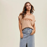 Women's "Yeehaw" Wordy Contrast Sweater in Tan